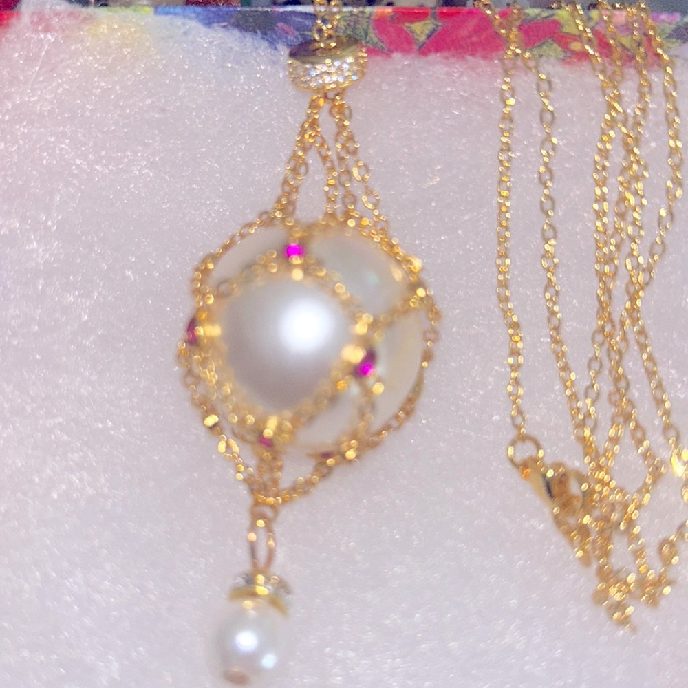 Handmade Faux 20mm Pearl and Cubic zirconia 28” Gold Plated Silver Necklace